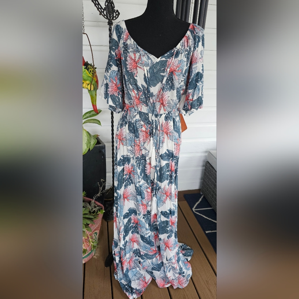 NWT Label Of Love White Palm Tropical Maxi Dress with Blue/Green & Pink Accents